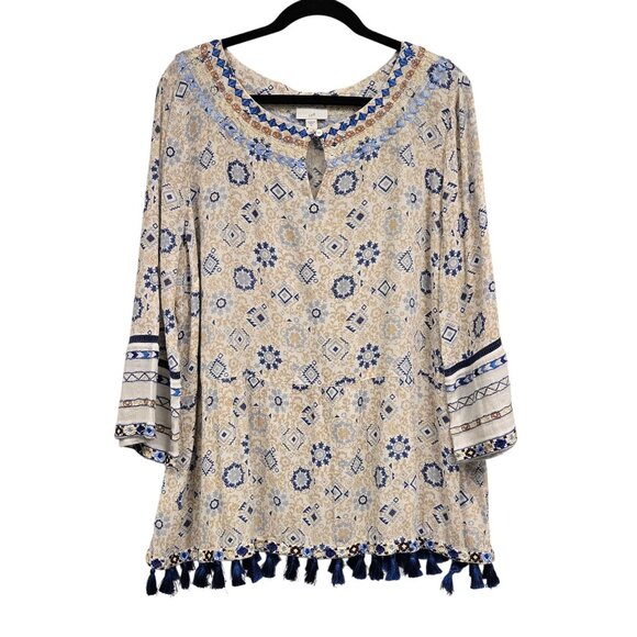 J. Jill Boho Style Floral Embroidered Beige Blue Tunic Top Tassels flowy - Picture 1 of 9